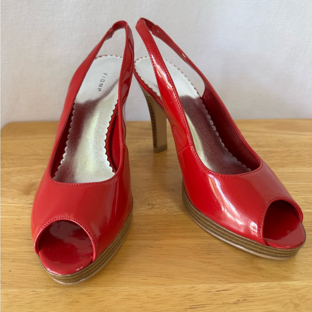 Red, Patent Leather, Peep-Toe Slingback Heels